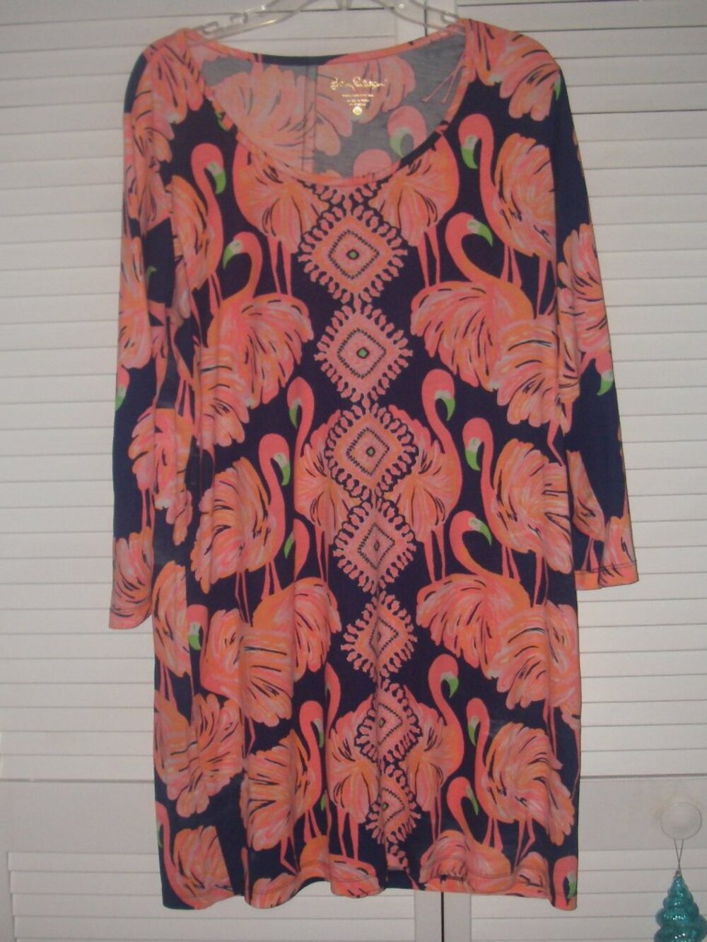 LILLY PULITZER LS PINK/NAVY FLAMINGO PRINT SHIFT DRESS SZ XL